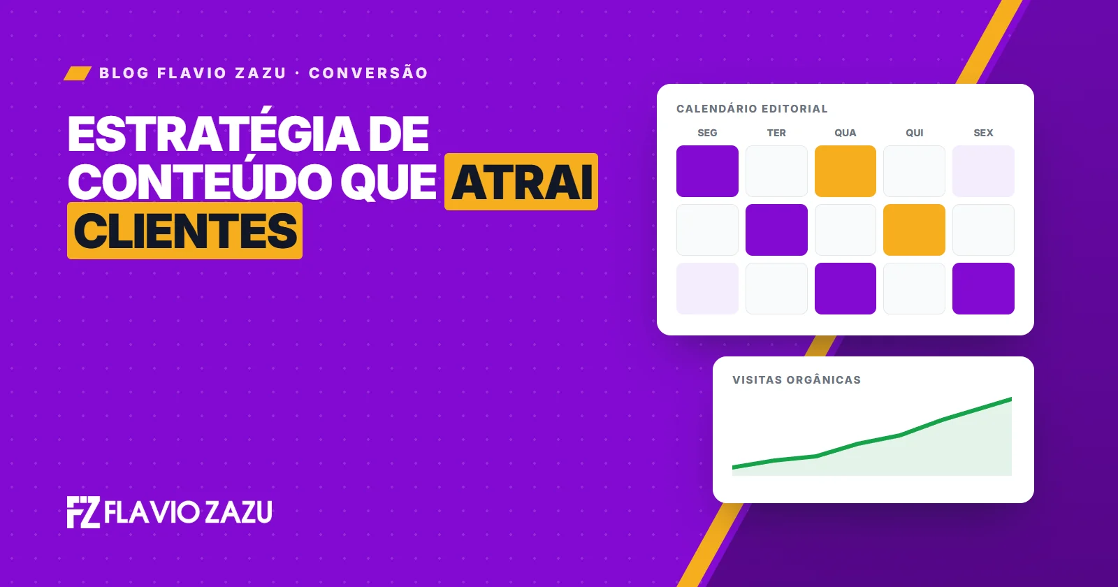 Capa do Blog Flavio Zazu: calendário editorial com publicações planejadas e gráfico de visitas subindo